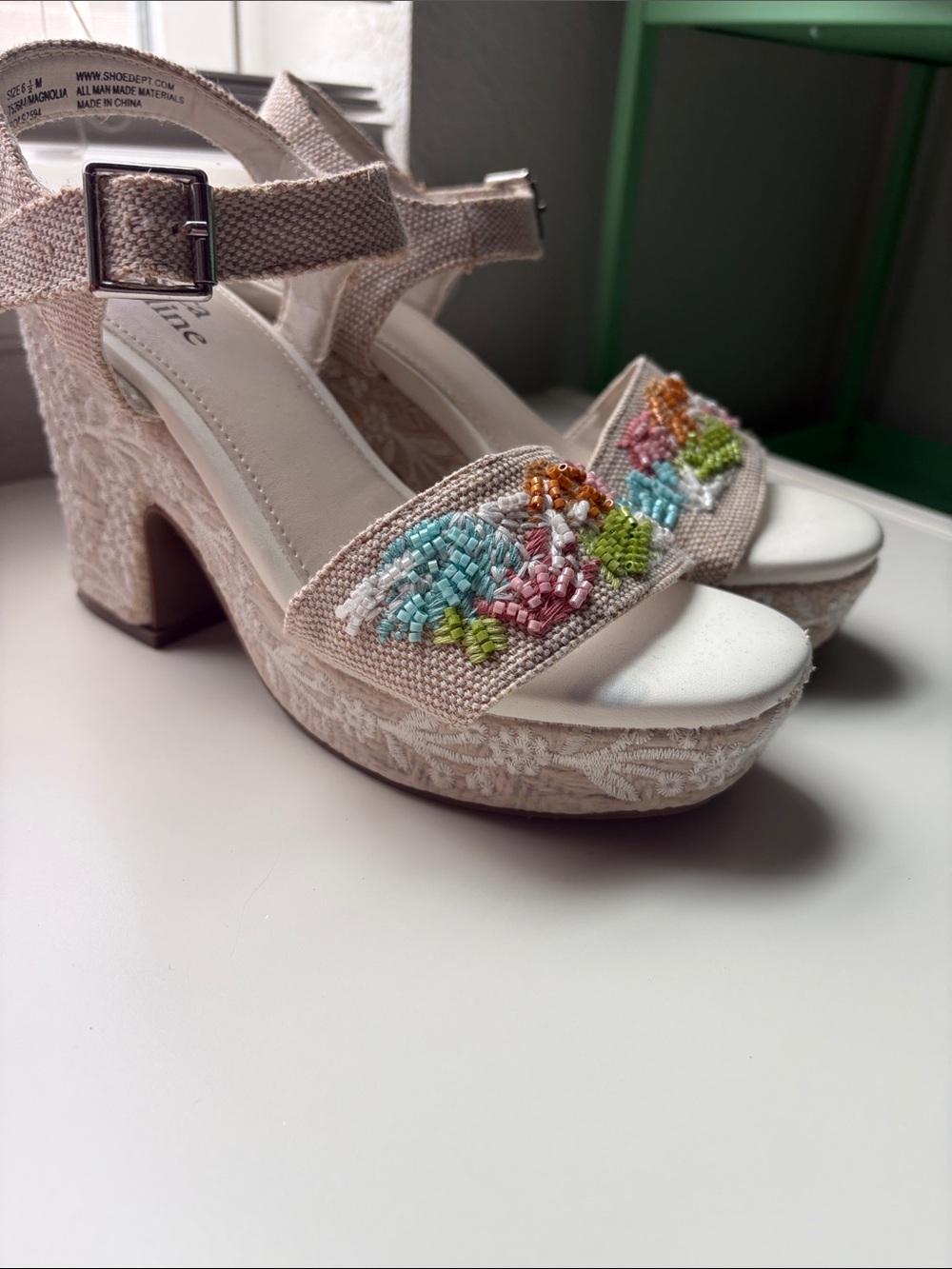 Beaded Embroidered Cream Platform Sandals with Ankle Strap
